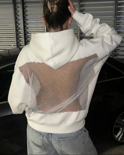 Fashion Solid Color Backless Cutout Mesh Panel Long-sleeved Hooded Sweatshirt
