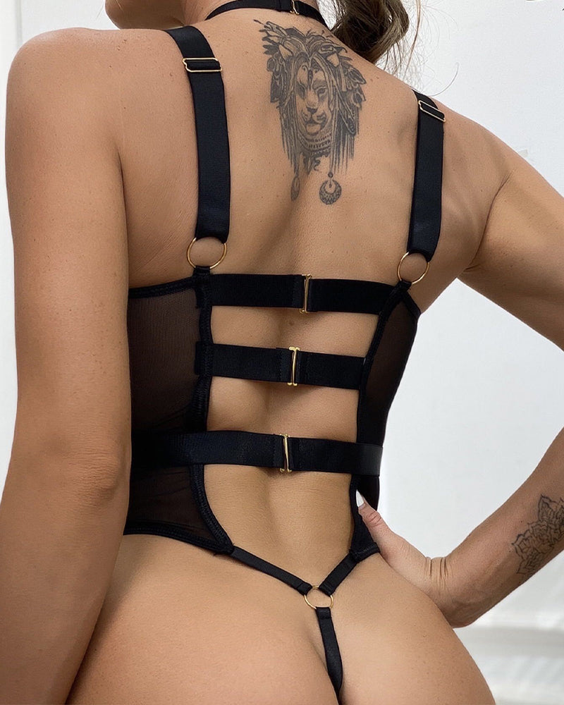 Sexy Criss-cross Halter Neck Mesh Breathable Bodycon Lingerie Bodysuit