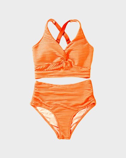 Textured Knot-Front High-Waisted Bikini Set