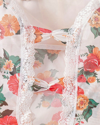 Colorful Floral Print Mesh Sheer Bodysuit Lingerie