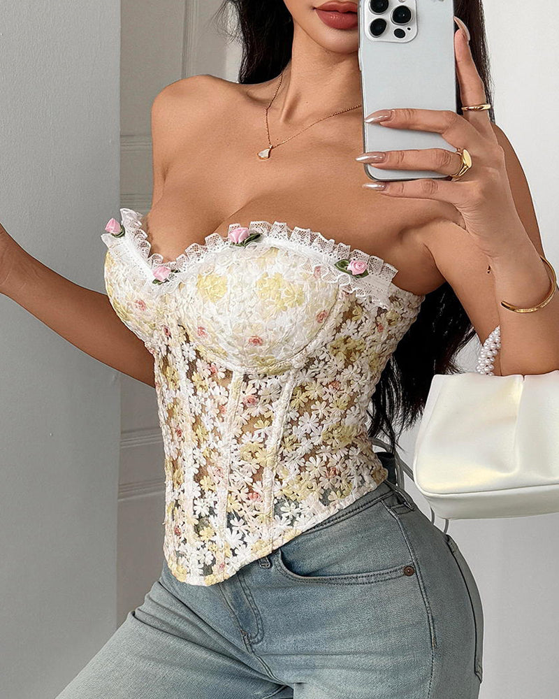 Floral Embroidered Sheer Mesh Backless Tie-up Strapless Top