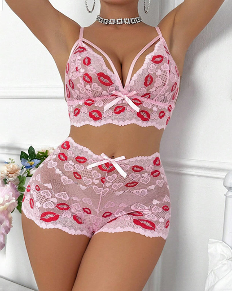 Valentine's Day Heart-Embroidered Lips Lace See-Through Lingerie Set