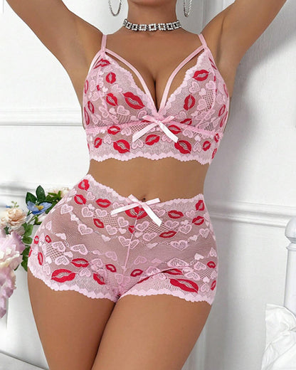 Valentine's Day Heart-Embroidered Lips Lace See-Through Lingerie Set