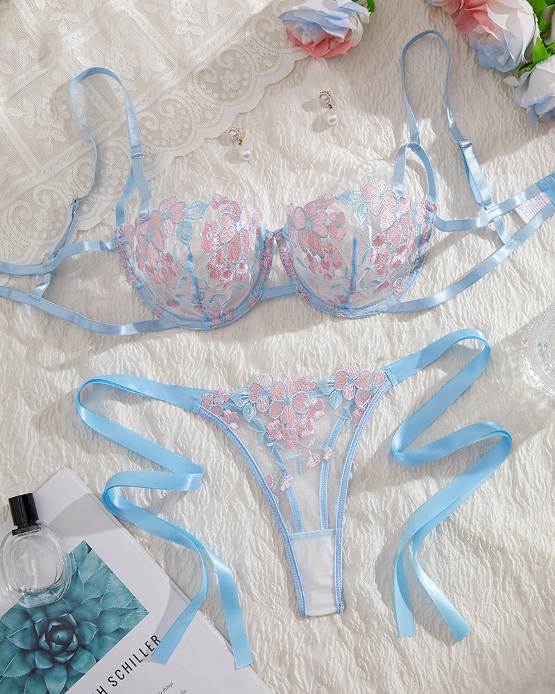 Sexy Flower Embroidered Mesh Lace Gathered Bra Set