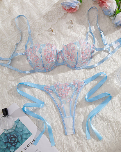 Sexy Flower Embroidered Mesh Lace Gathered Bra Set