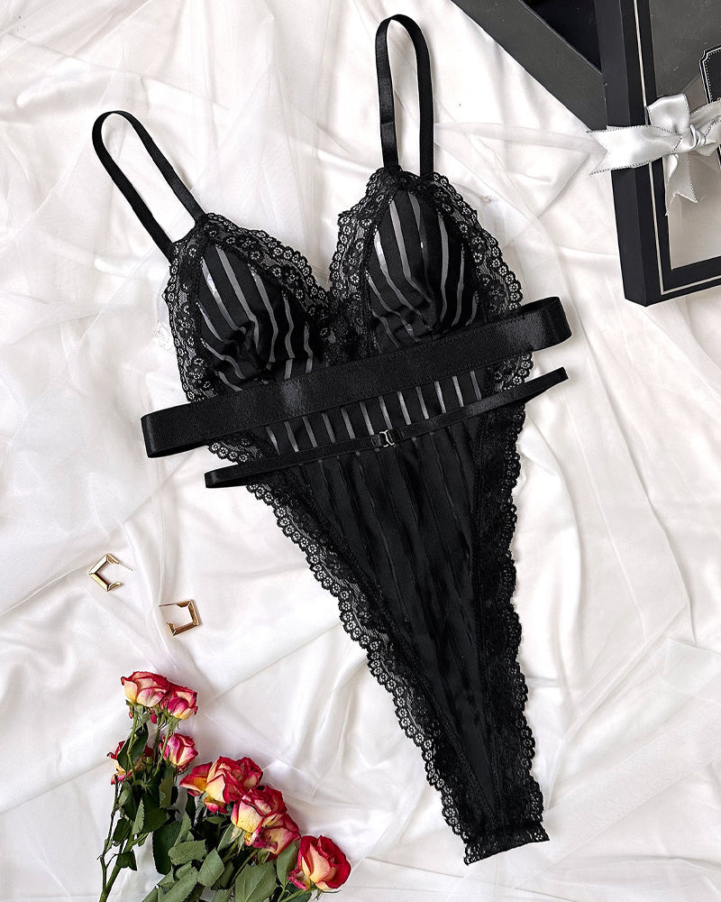 Deep V-neck Lace-trimmed Striped See-through Mesh Sexy Lingerie Bodysuit