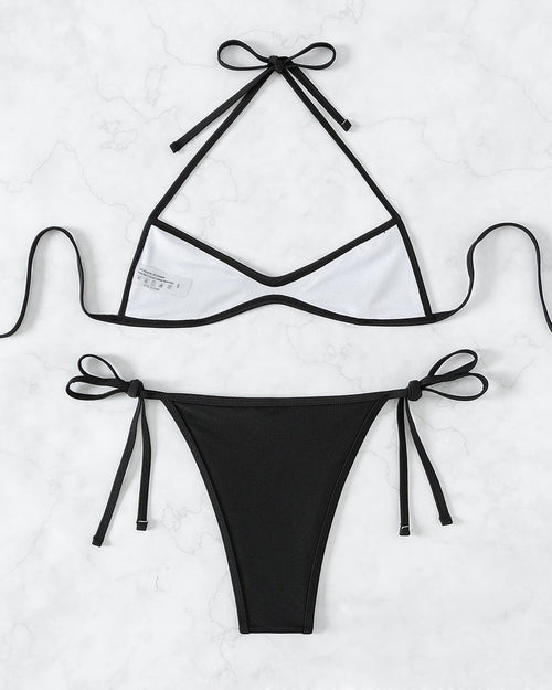 Sexy Solid Color Halter Neck Mini Pleated Beach Bikini