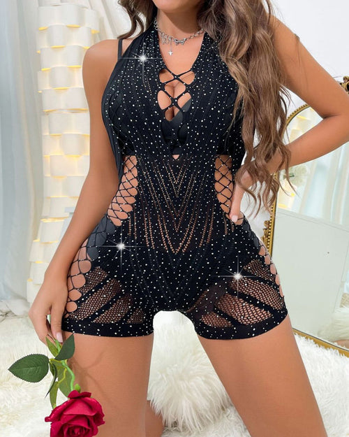 Rhinestone Sexy Halter Neck Backless Fishnet Bodysuit