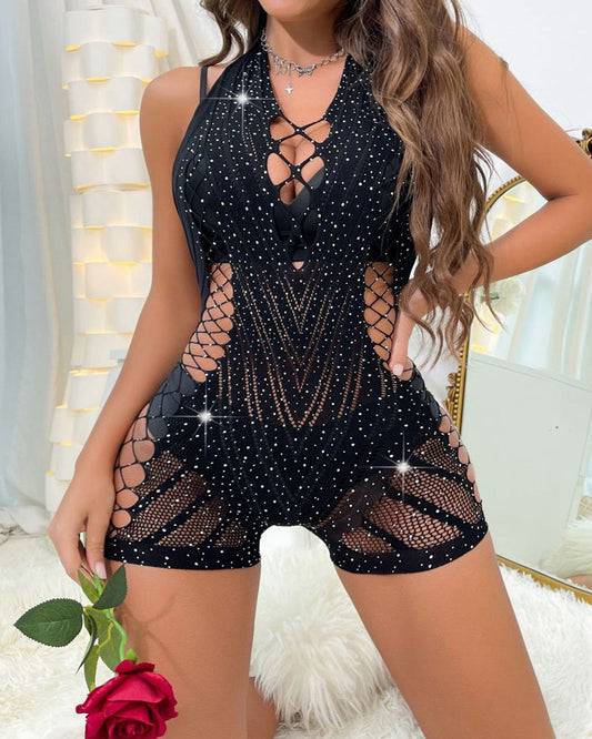 Rhinestone Sexy Halter Neck Backless Fishnet Bodysuit