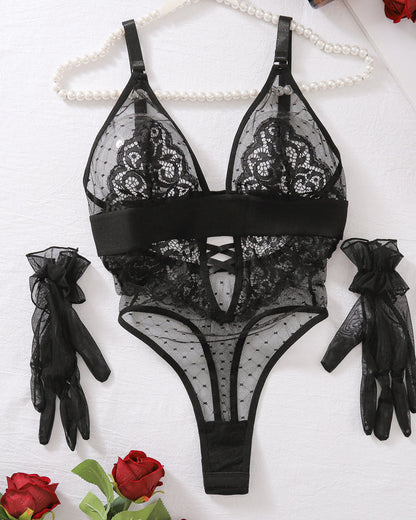 Sexy Polka Dot Lace Stitching Low-Cut Sexy Bodysuit