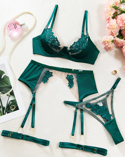 Sexy See-through Mesh Floral Embroidery Patchwork Push-up Bra and Thong Lingerie Set