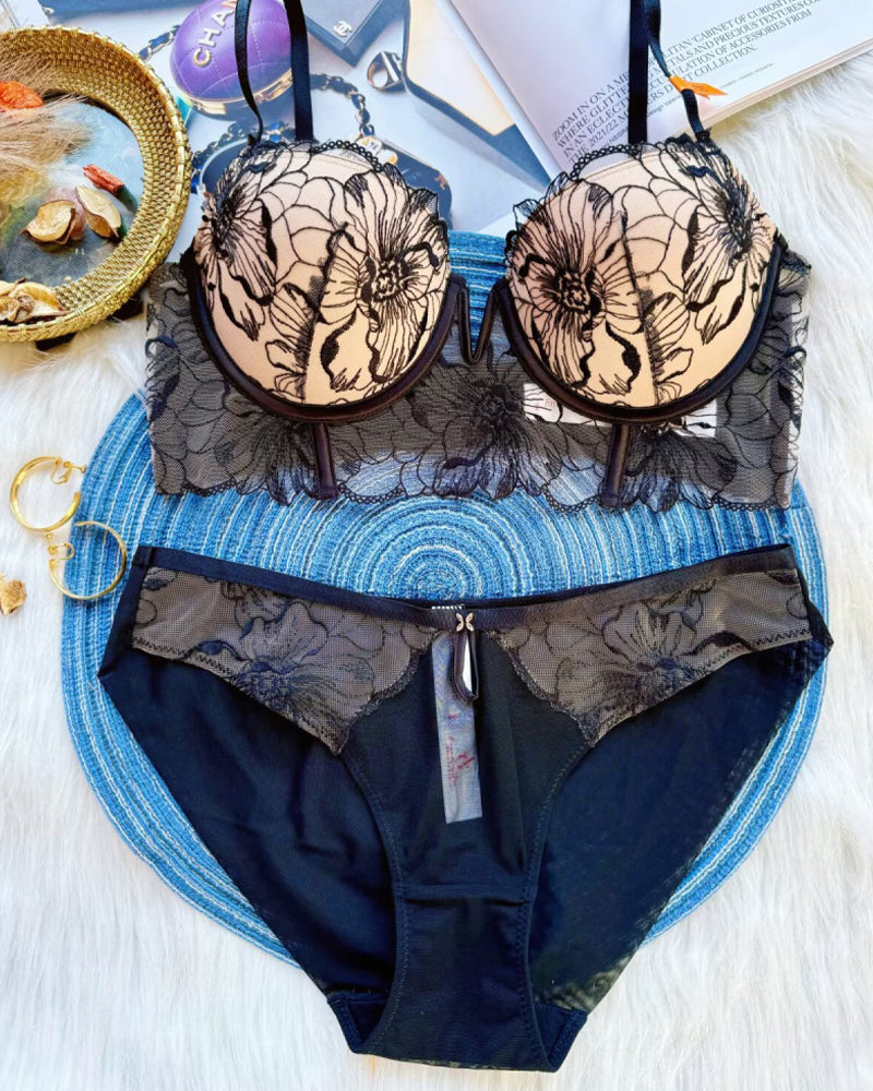 Sexy Mesh Lace Floral Embroidered Underwire Bra And Panty Set