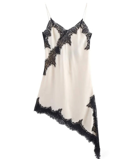 Sexy V-neck Ice Silk Lace Patchwork Asymmetrical Casual Suspender Mini Dress