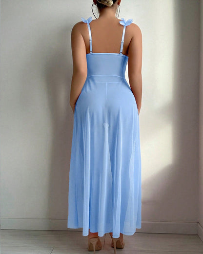 Sexy Low-Cut Floral See-Through Mesh Suspender Maxi Dress Set