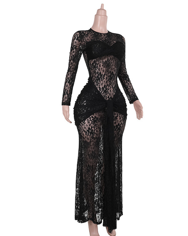 Sexy Form-fitting Lace Bodycon Long-sleeved Round Neck Dress