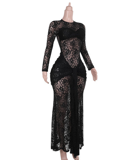 Sexy Form-fitting Lace Bodycon Long-sleeved Round Neck Dress