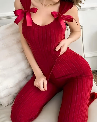 Bow Embellishment Sleeveless Vest and Long Loungewear Set