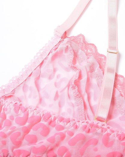 Sexy Deep V Flocked Leopard Print See-Through Mesh Bodycon Nightgown