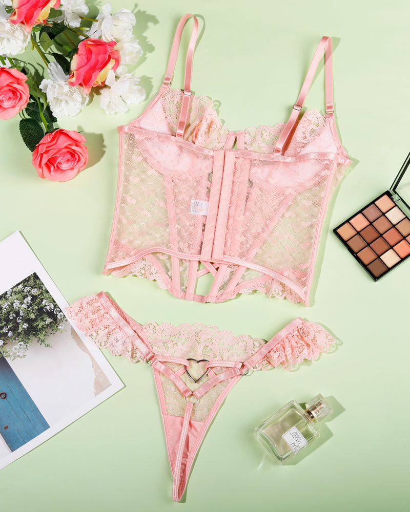 Sexy Lace See-Through Heart-Shaped Buckle Lingerie Set