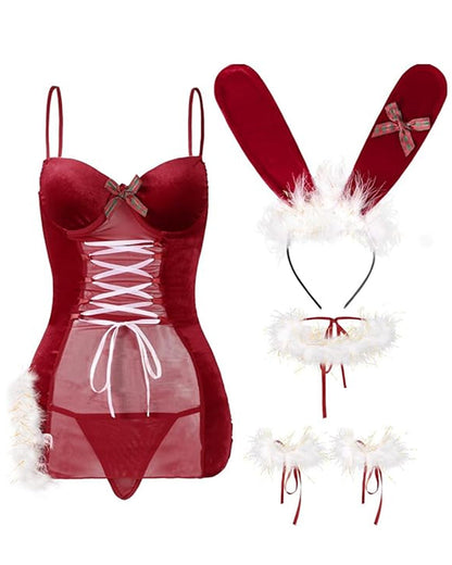 Christmas Bunny Ear Velvet Mesh See-through Sexy Nightgown Set