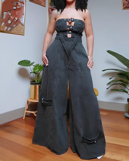 Sexy Strapless Wide-leg Denim Jumpsuit