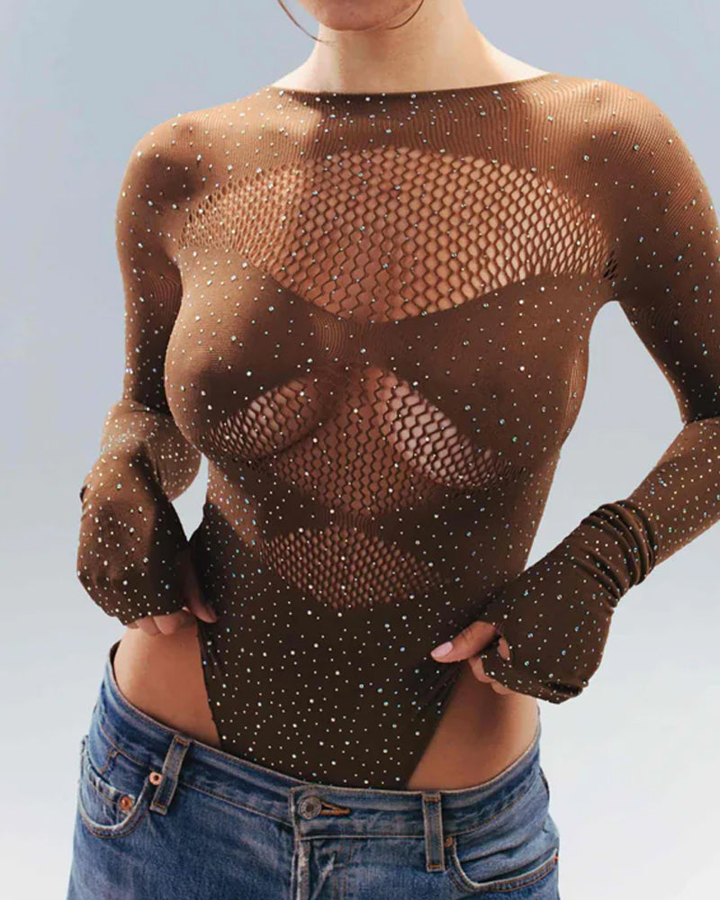 Sexy Rhinestone Stretch Fishnet Round Neck Long Sleeve Bodysuit