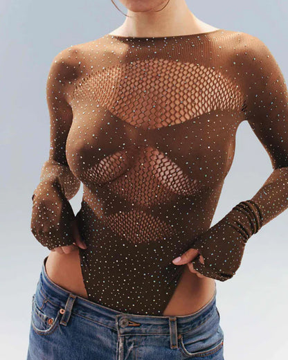 Sexy Rhinestone Stretch Fishnet Round Neck Long Sleeve Bodysuit