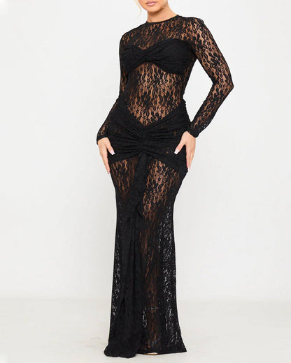 Sexy Form-fitting Lace Bodycon Long-sleeved Round Neck Dress