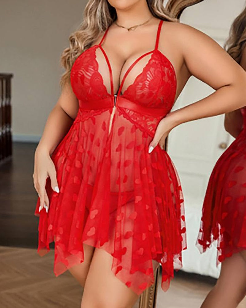 Sexy Heart-Shaped Mesh Front-Closure See-Through Camisole Lingerie Nightgown