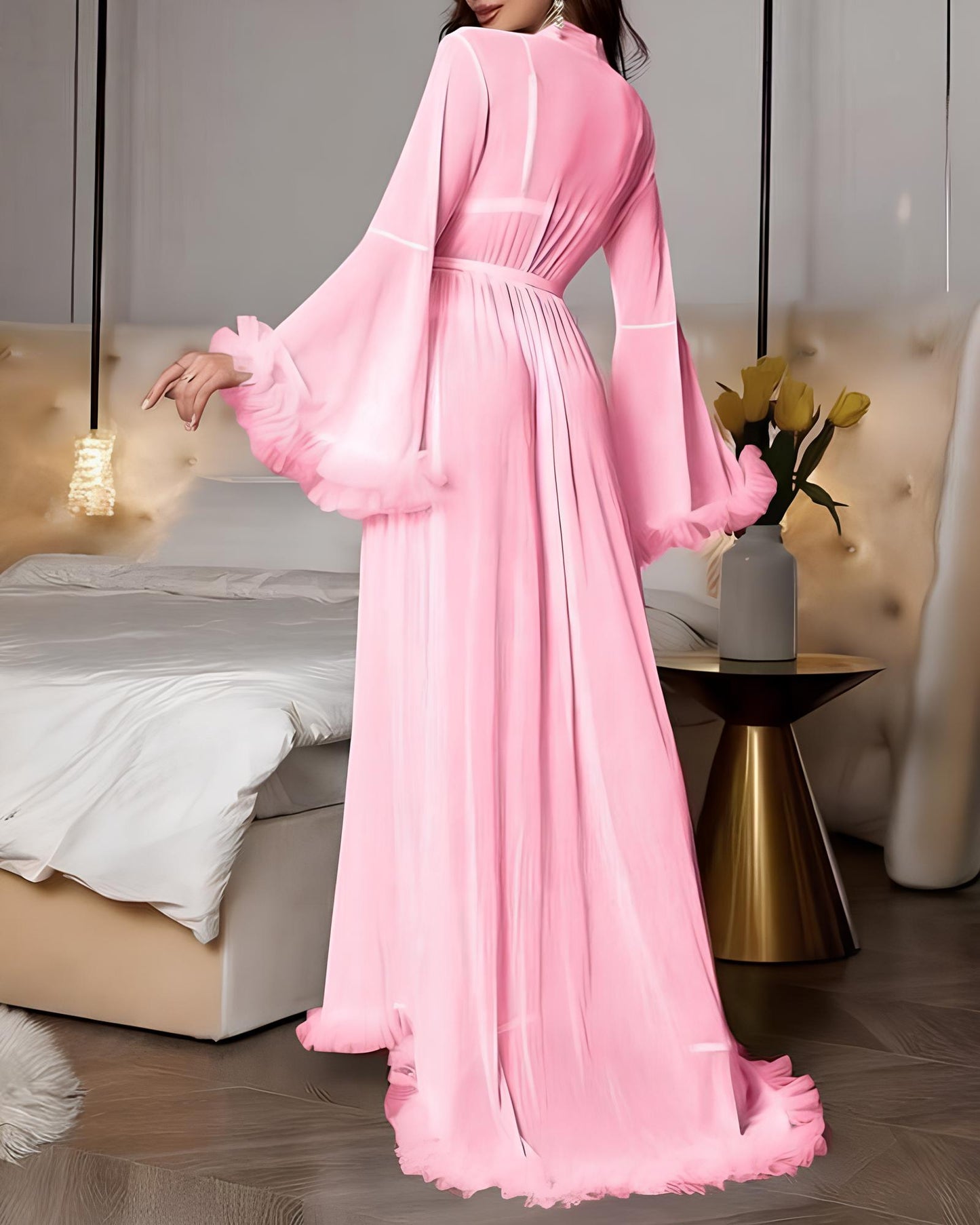 Sexy Sheer Mesh Ruffled Trim Flared Sleeves Long Robe