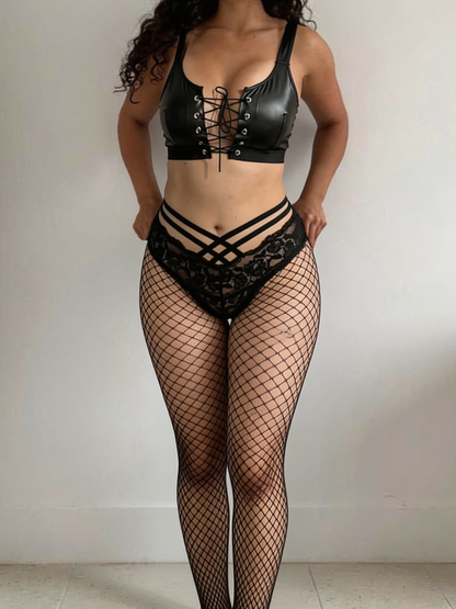 Leather Crop & White Strappy Lace Fishnet Set