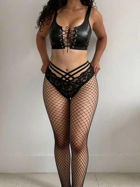 Leather Crop & White Strappy Lace Fishnet Set