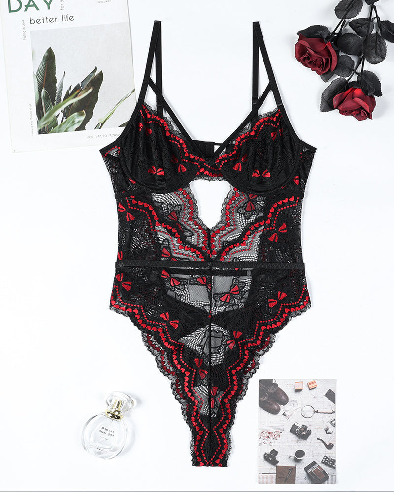 Hip Bow Hollow Sexy Lace Contrast Color Bodysuit