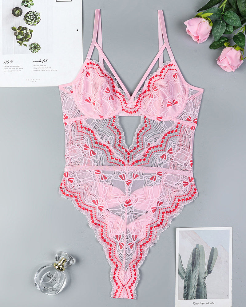 Hip Bow Hollow Sexy Lace Contrast Color Bodysuit