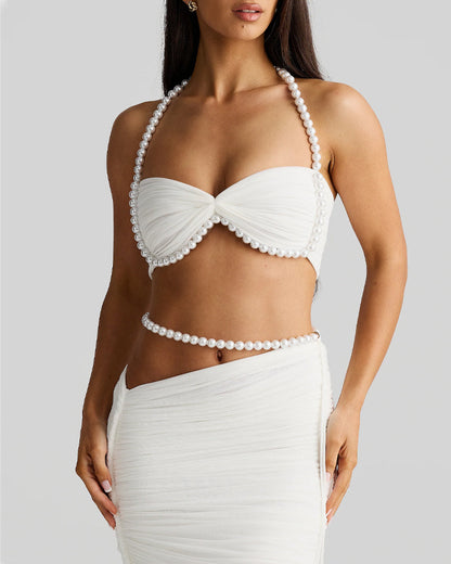Pearl-embellished Sexy Cropped Tube Top Low-waisted Bodycon Maxi Skirt Suit