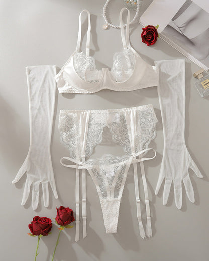 See-Through Lace Flower Embroidery Sexy Lingerie Set