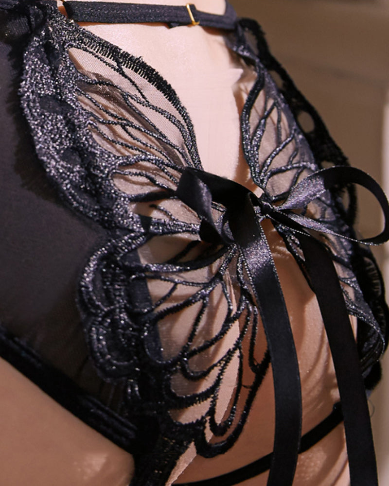 Butterfly Tie-up Hollow Lace Mesh Sheer Sexy Open-crotch Panties