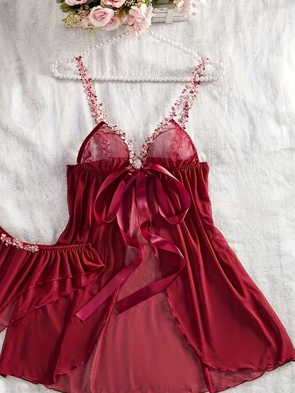 Blosselle™ Sexy Sheer Mesh Pajamas Tie-up Bra Floral Straps Nightdress
