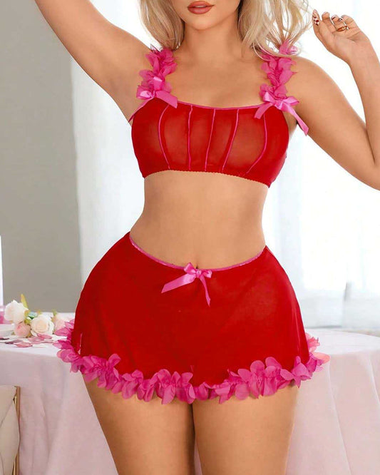 Valentine's Day Colorblock Veil Mesh Lingerie Set