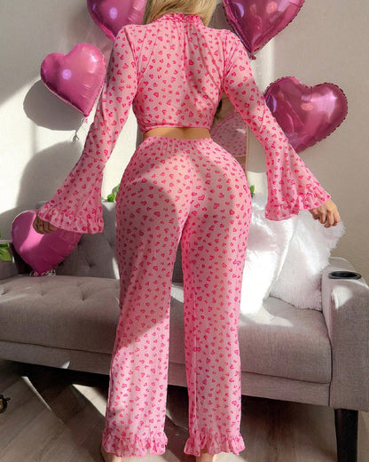 Valentine's Day Heart Print V-Neck Flared Long-Sleeved Top and Pants Pajama Set