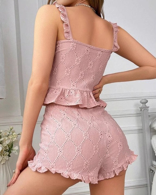 V-neck Ruffled Sleeveless Top and Shorts Pajama Set