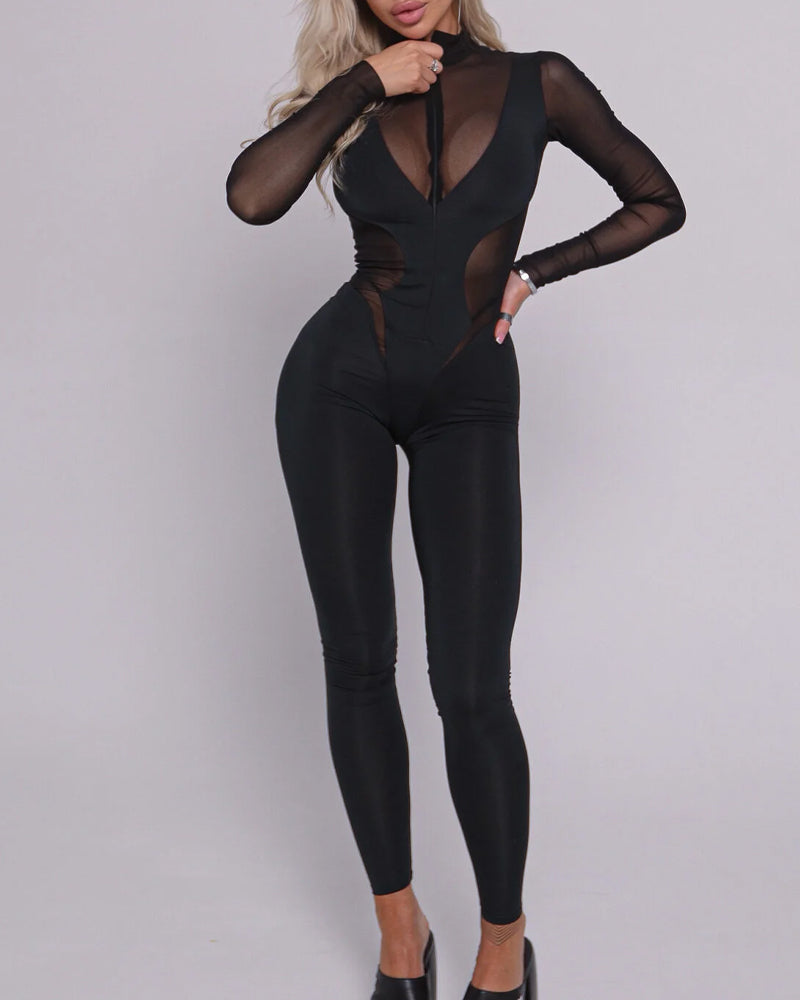 Sexy Mesh See-through Spliced Elastic Band Zipper Long-sleeved and Long-legged Fitness Bodysuit