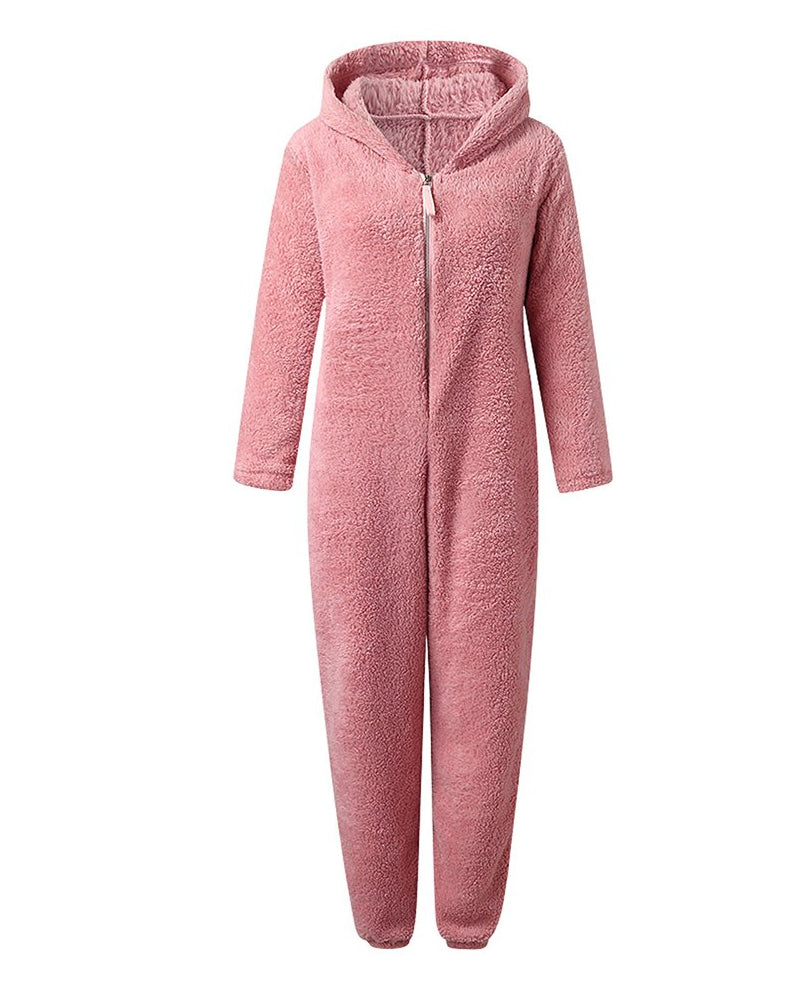 Teddy Bear Ear Zipper Hooded Plush Long-Sleeved Pants Onesie Pajamas
