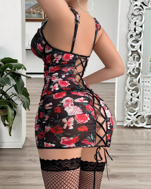Sexy Floral Mesh See-Through Backless Suspender Nightdress