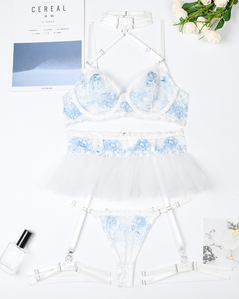 Floral Embroidery Mesh Patchwork Halter Neck Sexy Lingerie Set