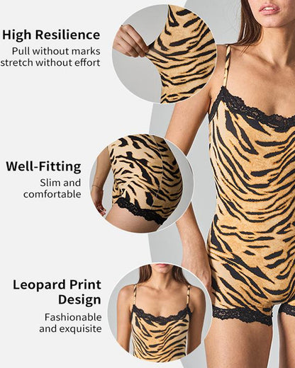 Retro Animal Print Lace Trim Stretch Sleeveless Seamless Bodysuit