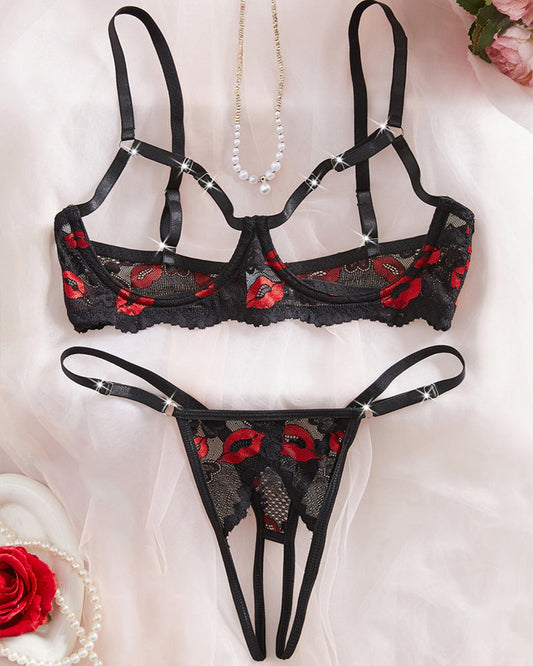 Sexy Lace Red Lip Print Cut-out Bra and Open-crotch Thong Lingerie Set