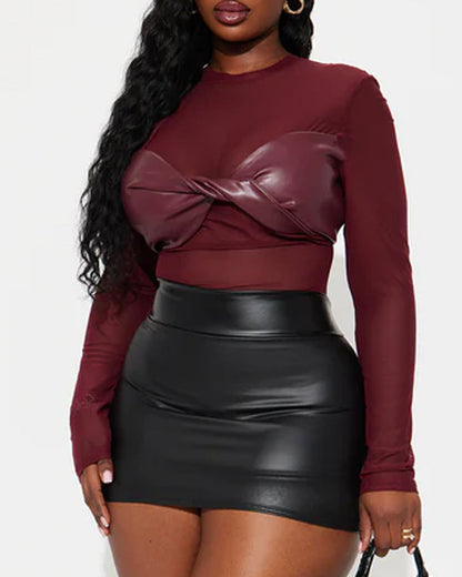 Sexy PU Leather Mesh Long-Sleeved Slim Fit Bodysuit