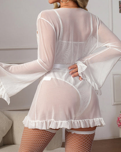 Sexy Lace Slip Dress Mesh See-through Tie-up Robe Loungewear Set