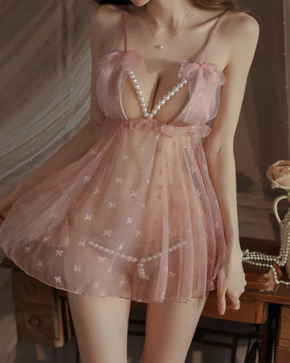 Sexy Deep V Mesh See-Through Pearl Open Crotch Lingerie Set
